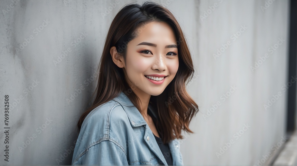 Portrait of young beautiful japanese asian woman smiling happy looking camera with confidence on plain concrete wall background from Generative AI Portrait of young beautiful japanese asian woman smiling happy looking camera with confidence on plain concrete wall background from Generative AI