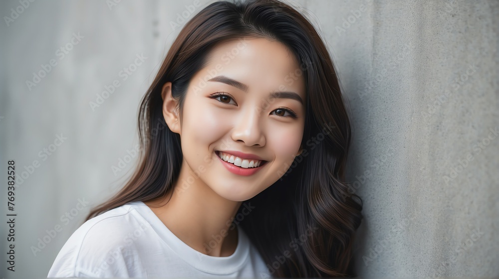 Portrait of young beautiful korrean asian woman smiling happy looking camera with confidence on plain concrete wall background from Generative AI Portrait of young beautiful korrean asian woman smiling happy looking camera with confidence on plain concrete wall background from Generative AI