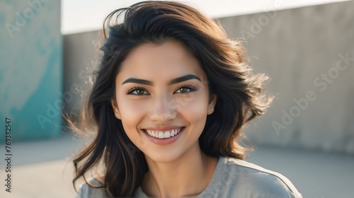 Portrait of young beautiful middle east woman smiling happy looking camera with confidence on plain concrete wall background from Generative AI