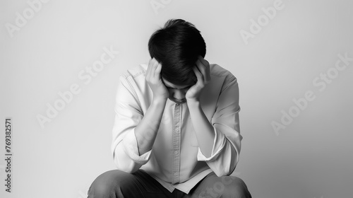 despair, depress and stress man holding his head by hands sitting on floor black and white . photo
