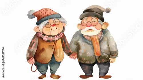 Cute old couple watercolor background Flat vector 