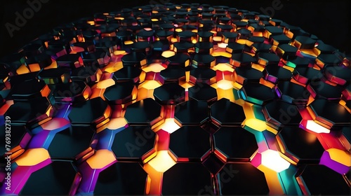 Bright abstract colorful hexagon shaped rays lights on plain black background from Generative AI