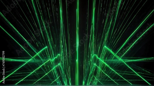 Bright abstract green zigzag rays lines of lights on plain black background from Generative AI