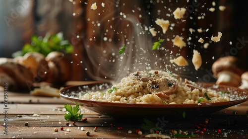 A tantalizing view of creamy risotto with mushrooms, cheese flakes falling down and herbs, mid-action capture adding to the dining experience
