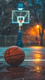 A basketball is sitting on the ground in front of a basketball hoop. The image has a mood of loneliness and emptiness, as the basketball is the only object in the scene