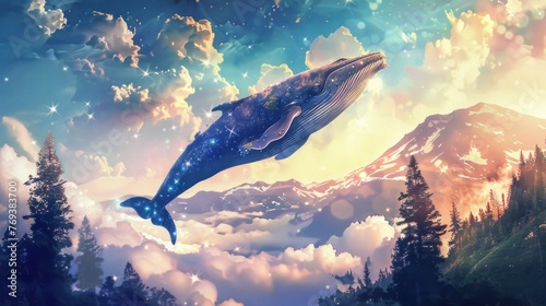 A whale is flying through the sky above a mountain range. The sky is filled with clouds and stars, creating a dreamy and peaceful atmosphere. The whale is the main focus of the image