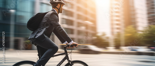 businessman in helmet ride bicycle going work  work on straight road against building background,