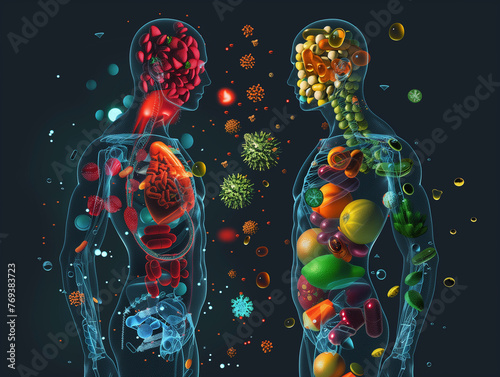 3D visual comparison chart of fat-soluble and water-soluble vitamins, using human body silhouettes filled with vibrant visuals of vitamin molecules,  photo