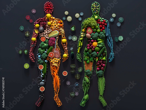 3D visual comparison chart of fat-soluble and water-soluble vitamins, using human body silhouettes filled with vibrant visuals of vitamin molecules, foods rich in these vitamins, photo