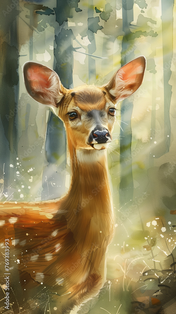 A gentle deer in a forest clearing, with dappled sunlight filtering through watercolor painted trees.  - obrazy, fototapety, plakaty 
