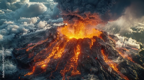 A volcano erupts with lava spewing out of it.