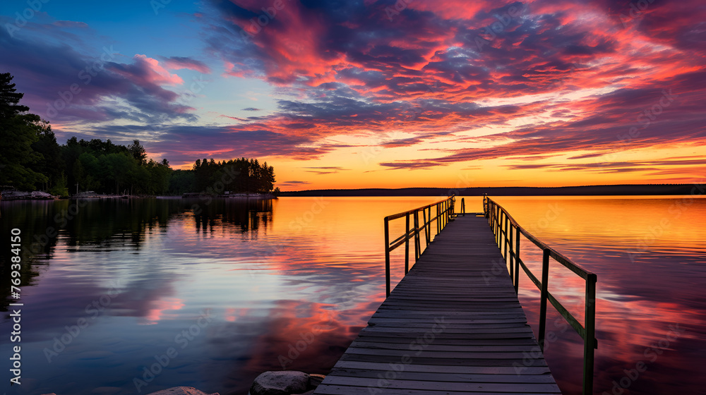 Beautiful lake evening view with wooden pier calm wallpaper  with colourfull background
