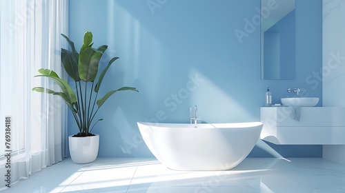 Interior of a contemporary white and blue bathroom with washstand and bathtube