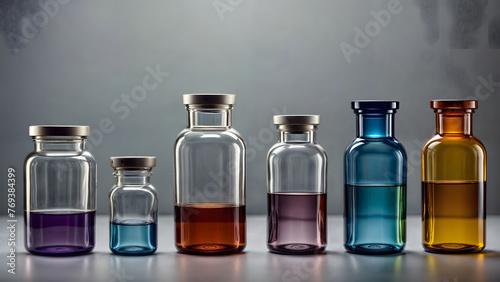 Six different bottles containing various massage oils The background is a silver wall 