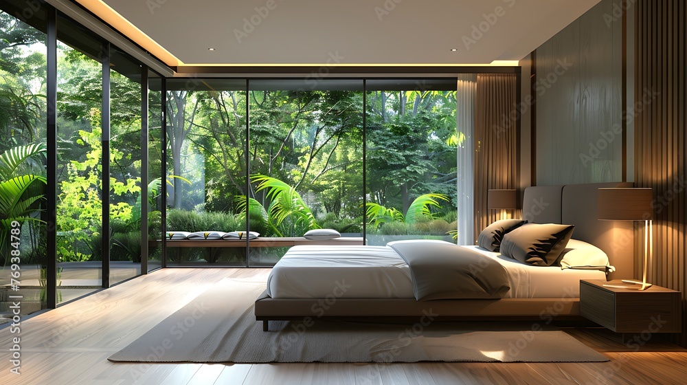 Interior of a modern luxury bedroom with garden view