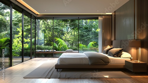 Obraz na płótnie Interior of a modern luxury bedroom with garden view w salonie