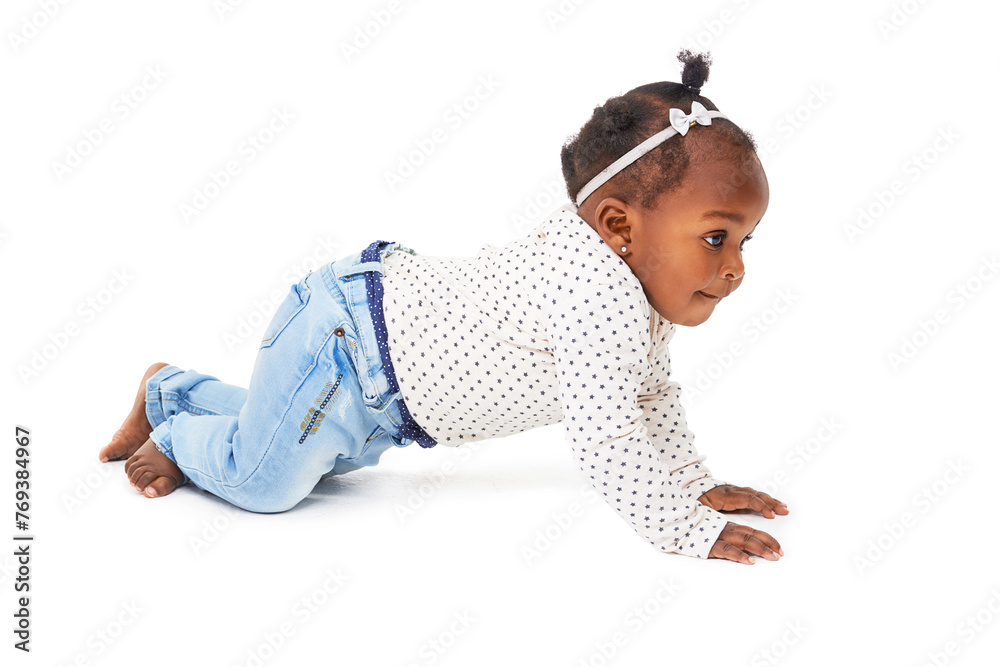 Baby, girl or crawl to play, thinking or explore to learn, balance or motor skill on studio mock up. Black toddler, crawling or curious of child development on mobility milestone on white background - obrazy, fototapety, plakaty 