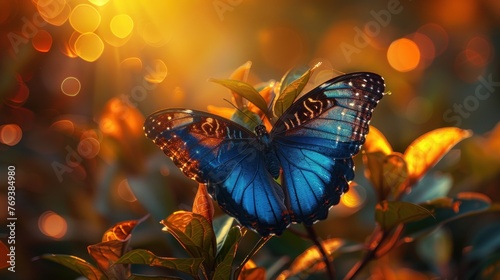 A butterfly is sitting on a leaf in a field of yellow flowers. The butterfly is blue and has a bright, cheerful appearance. The scene is peaceful and serene © Dusit