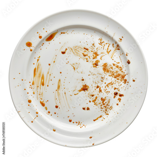 Dirty white Plate Oil and Smeared Sauce isolated on transparent background Generative Ai photo