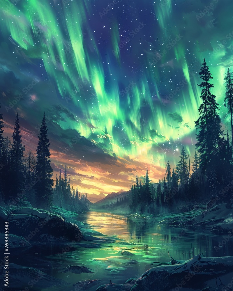 Enchanted forests where the aurora lights the sky