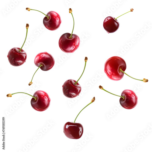 red cherry flying isolated on transparent background Generative Ai