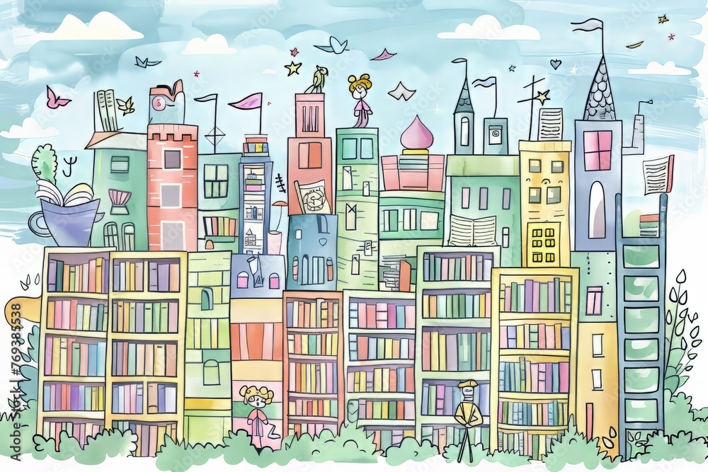 Cartoon cute doodles of a big city library with towering bookshelves, cozy reading nooks, and little bookworms exploring the magical world of books, Generative AI