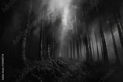Dark forests where the bark of trees is inscribed with the history of magic photo