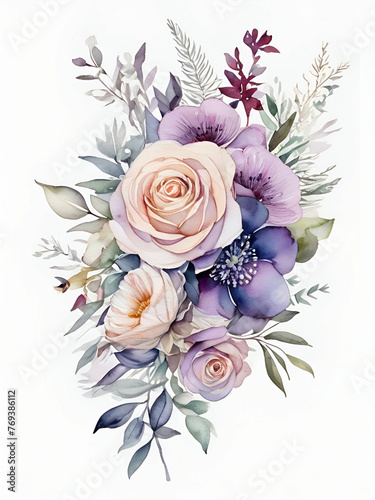bouquet of roses on white background  wedding flowers purple flowers on white background