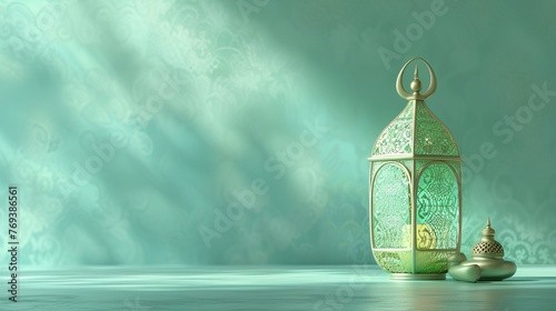 lantern decoration of islamic celebration day with soft green pastel color background