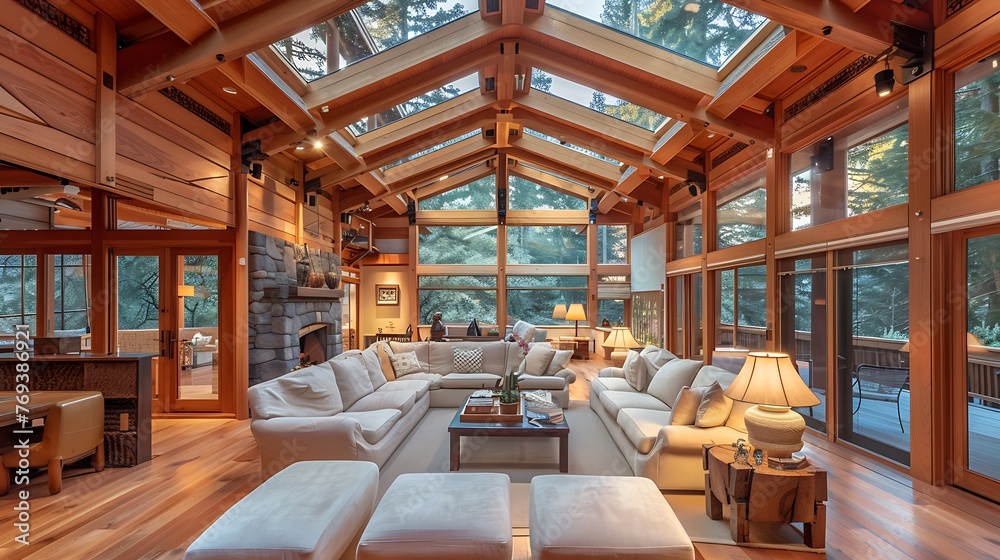 Living room in a house with impressive wood and skylights Living room in a house with impressive wood and skylights