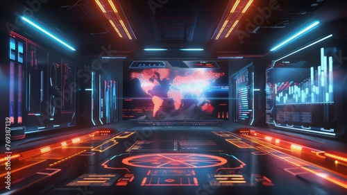 Futuristic digital map projection in dark room - A detailed digital world map hovers in a dark, high-tech command center with glowing interface elements