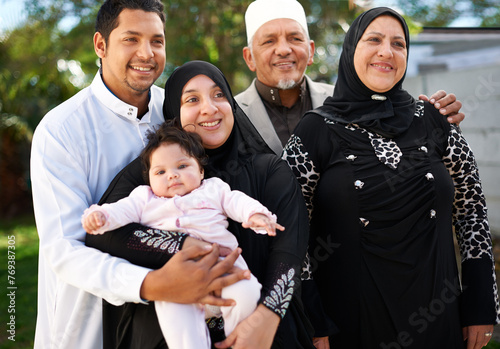 Family, smile and together for eid, islam and ramadan for religious holiday and happy. Senior people, mom and dad with baby in garden or backyard for visit, culture or religion for faith and joy