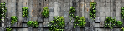 A concrete wall entirely covered by various green plants growing vertically, background, wallpaper, banner © keystoker