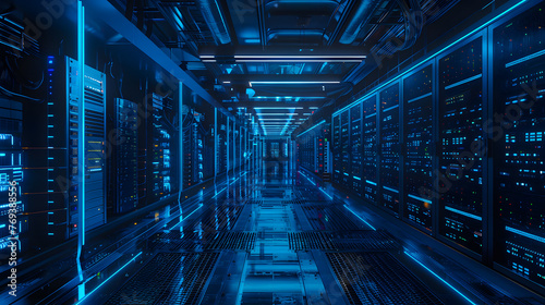Futuristic server room with blue lights