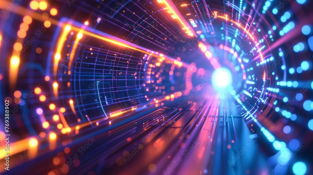 Glowing pcb circuitry tunnel: high-speed tech hardware abstract 3d render Glowing pcb circuitry tunnel: high-speed tech hardware abstract 3d render