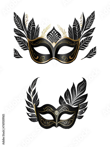 Carnival mask icon black silhouette isolated on white background. Mask with feathers