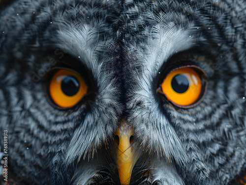 Close-up portrait of an owl with striking orange eyes. Wildlife and nature concept. Design for educational material, poster, and wildlife conservation. Studio shot with a dark background