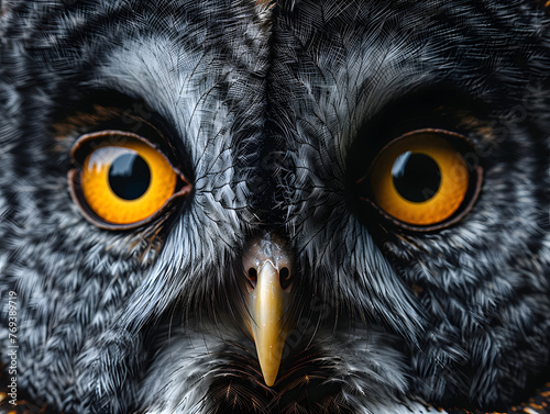 Close-up portrait of an owl with striking orange eyes. Wildlife and nature concept. Design for educational material, poster, and wildlife conservation. Studio shot with a dark background © Ekaterina