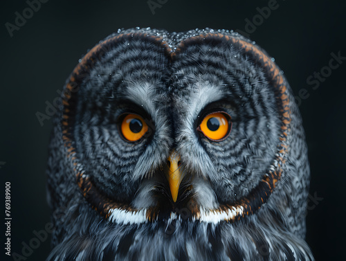 Close-up portrait of an owl with striking orange eyes. Wildlife and nature concept. Design for educational material, poster, and wildlife conservation. Studio shot with a dark background