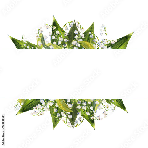 Wreath of spring flowers of lilies of the valley. Hand-drawn watercolor rectangular frame. Watercolor illustration