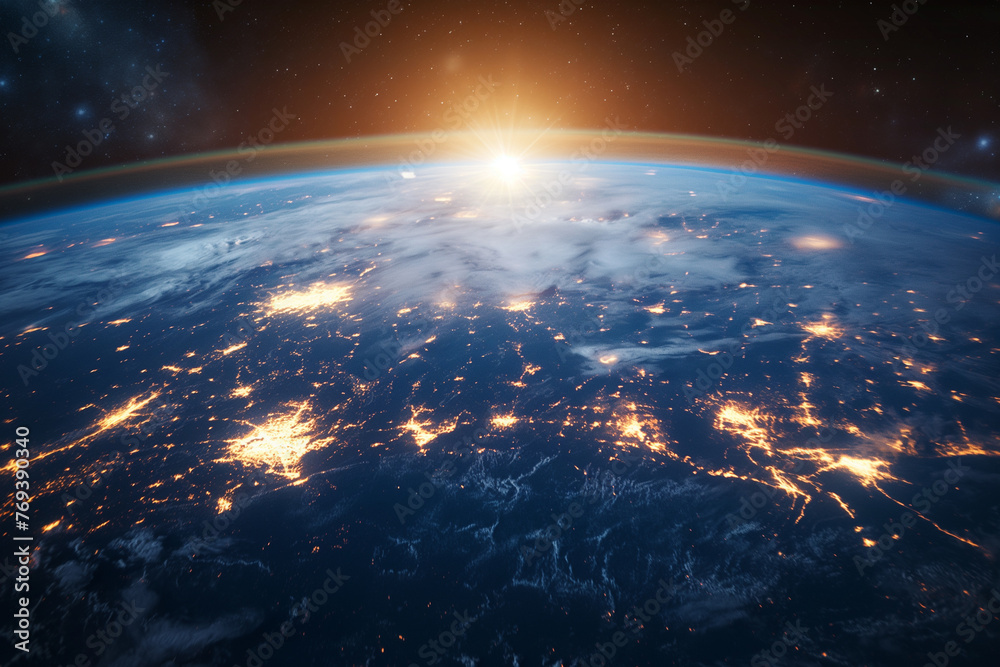Global network communication, and connection. Information technology, telecommunication. Earth from space around the neon technology and internet lines. Global social network.