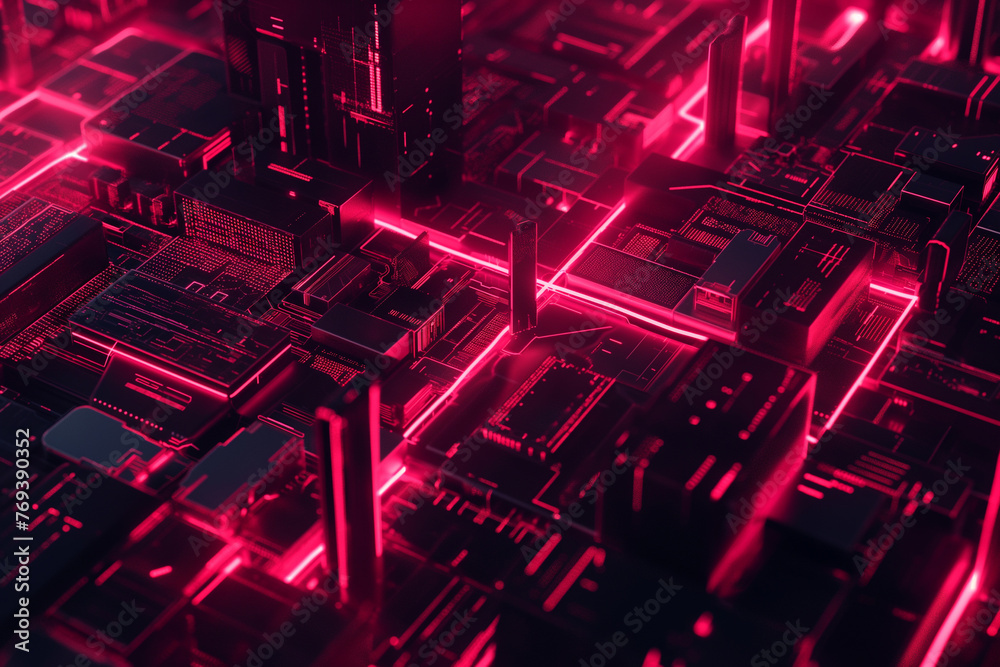 CPU, motherboard, or circuit board of the computer. Hyperrealistic and very detailed 3D render. Technology background, wallpaper with epic red lights.