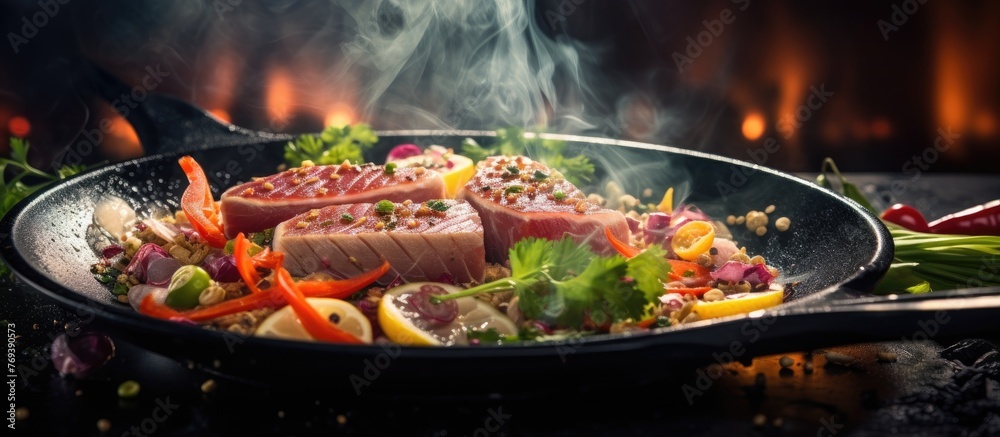 Fototapeta premium A pan filled with meat and vegetables is sizzling on the grill, creating a flavorful dish. The combination of ingredients creates a delicious meal in cookware