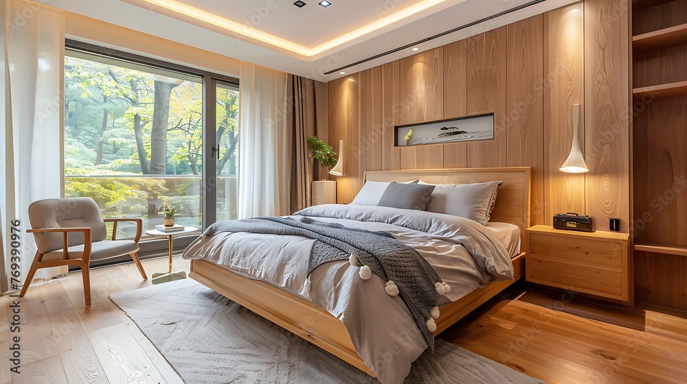 Obraz premium Modern Contemporary Bedroom Furnished With Wooden Furniture
