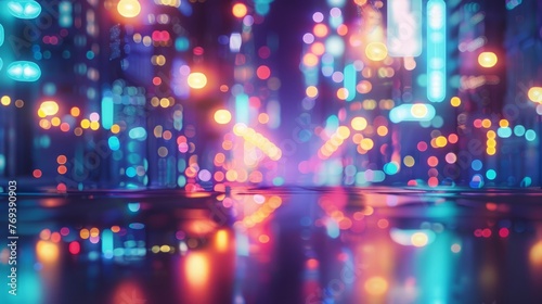 Futuristic cityscape  blurred neon lights in bokeh style - vibrant urban night background for modern designs and concepts