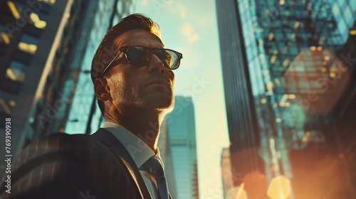 Portrait of a handsome young man in sunglasses on the background of skyscrapers. AI.