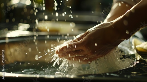 Close-up Shot of Human Hands Washing Dishes in a Sink, Water Splashing Around. Daily Household Routine Captured in Warm Light. A Moment of Domestic Life. AI