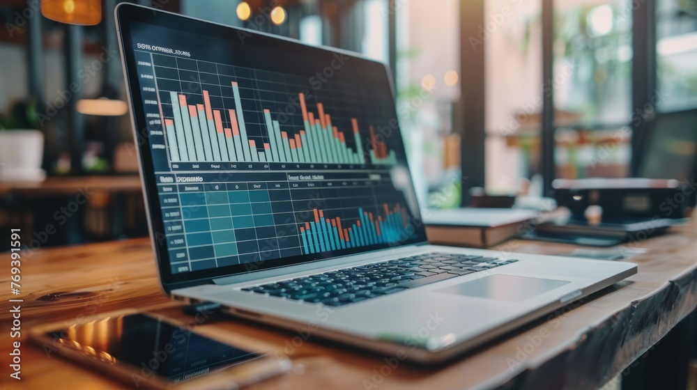 Financial analysis: laptop screen displays charts & graphs, over financier's shoulder. Sales data visualization & project statistics concept with analytical app. Business insights & strategy Financial analysis: laptop screen displays charts & graphs, over financier's shoulder. Sales data visualization & project statistics concept with analytical app. Business insights & strategy