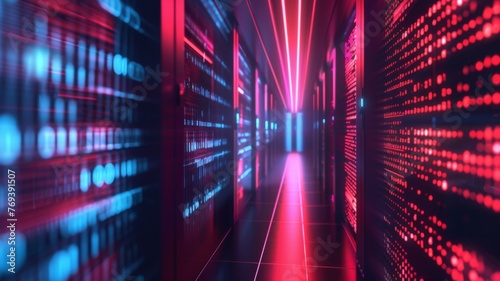 Futuristic red server room in data center - The perspective view of an illuminated red aisle in a data center with server racks on either side