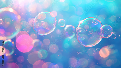 Glistening bubbles with pink and blue hues - Pink and blue hues dominate the backdrop as light reflects off glistening soap bubbles in the image © Songyote